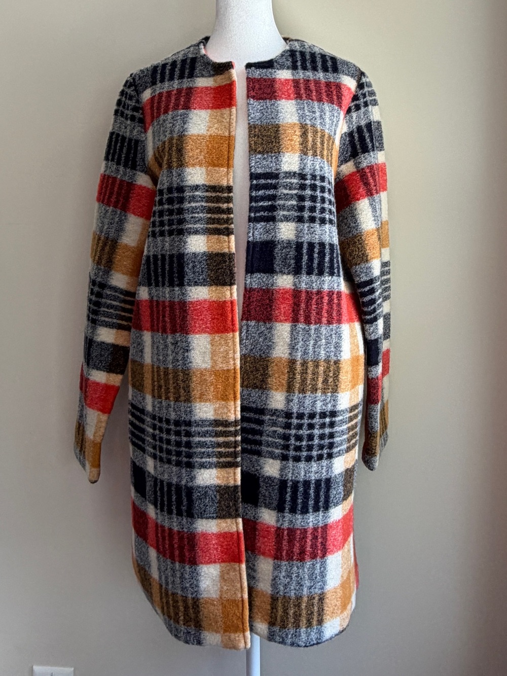 Cynthia Rowely Women's Small Plaid Open-Front Wool-Blend Coatigan  - Red, Orange